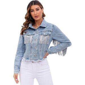 Womens S177blue Fringe Denim Jacket Casual Oversized Jean Coat Long Sleeve
